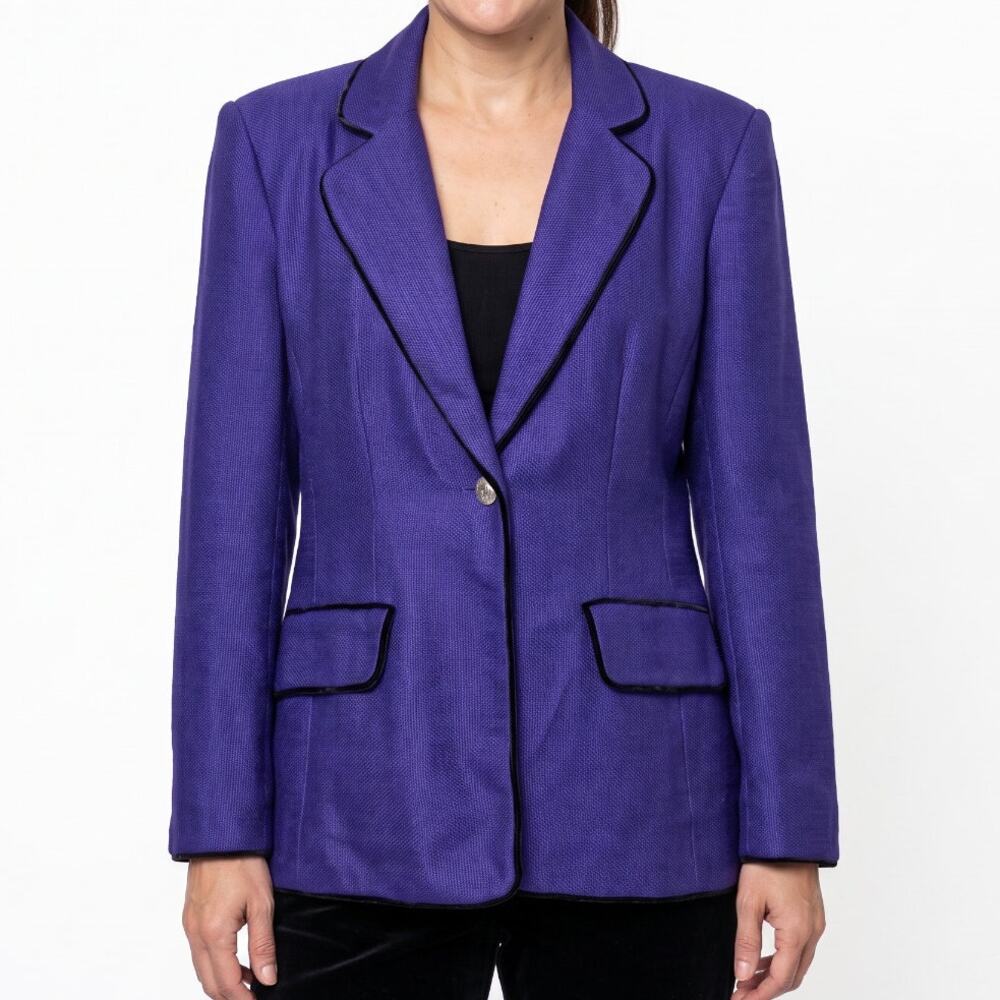 Kunto 100% Silk Woven Purple Blazer Jacket With Velvet Trim XL
